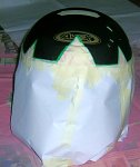 The helmet masked up ready to spray for the orange hair