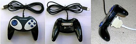 Montage showing the Thrustmaster joypad, the D-sub port mounted underneath, and the hacked joypad with the dance mat cable connected.