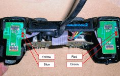 The front left and right button PCBs showing the Red, Green, Yellow and Blue solder points